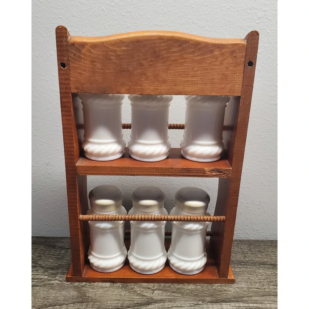Vintage Double Tiered Wooden Spice Rack W/ 6 Milk Glass Spice Jars Farmhouse
